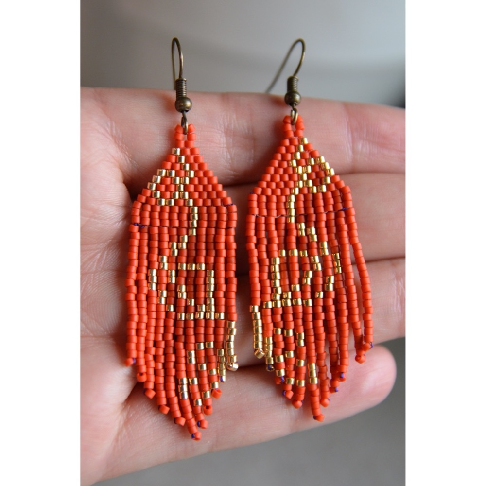 MIYUKI hand beaded earrings, burnt orange and gold swirls